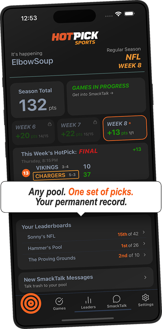 HotPick home screen — Any pool. One set of picks. Your permanent record.